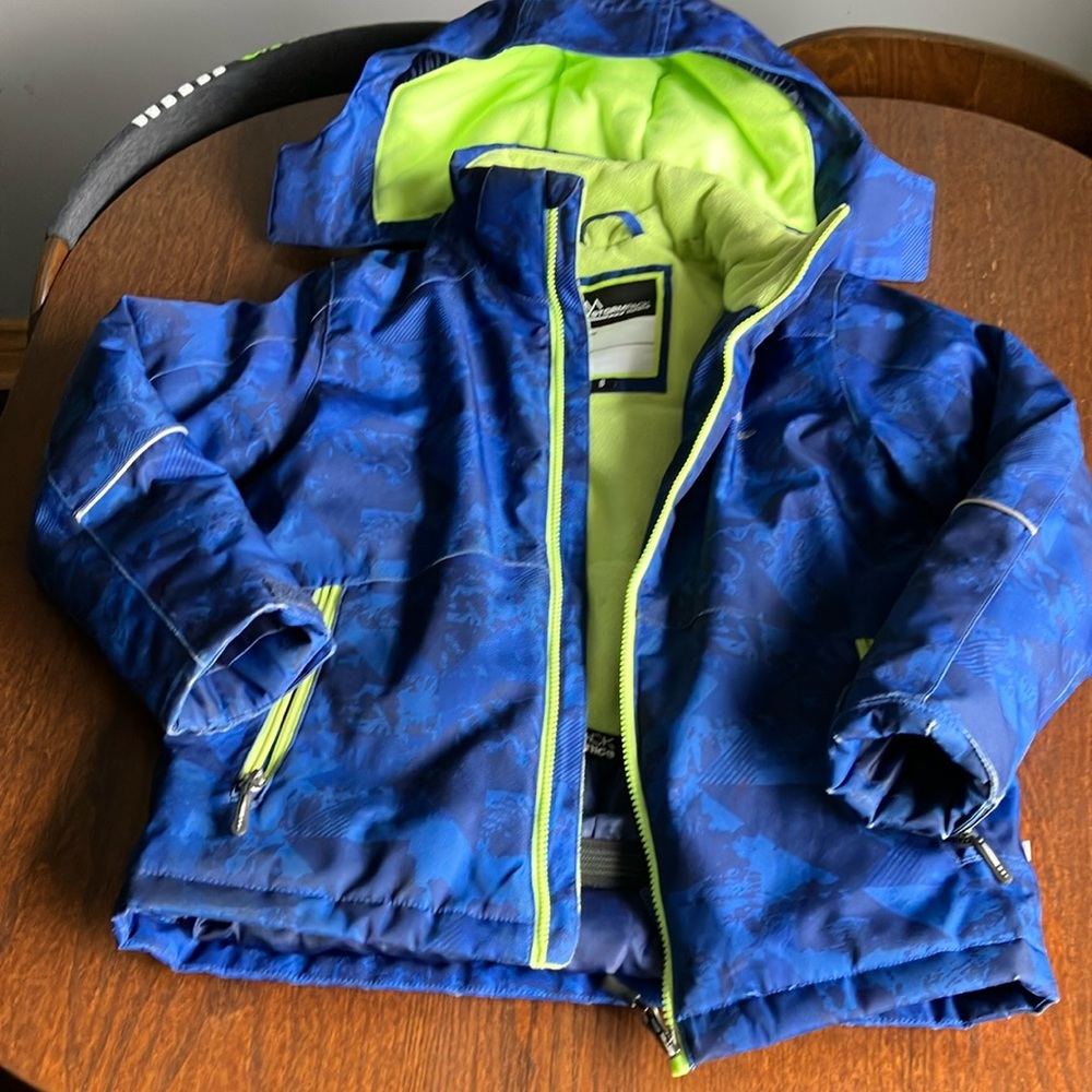 Blue Kids Jacket / Snow Pants with Green Accents. 3M insulation. Size 8